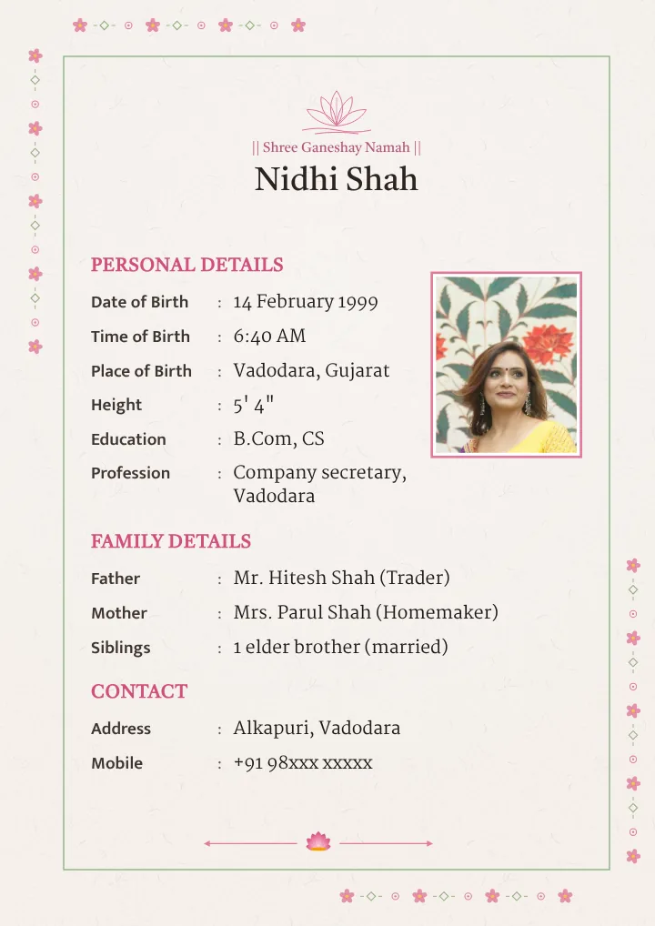 Gulabi Bel marriage biodata design